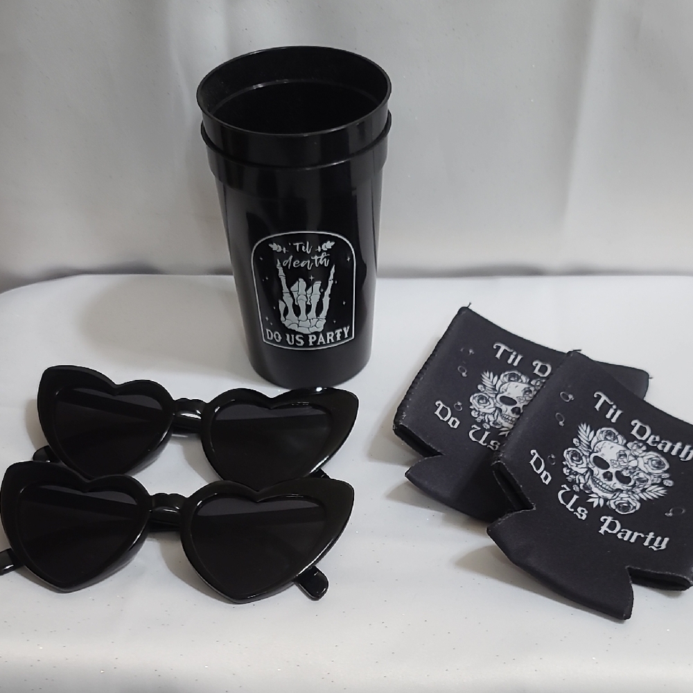 Bride or Die Cups, Can Sleeve, and Black Heart-Shaped Sunglasses Party Set